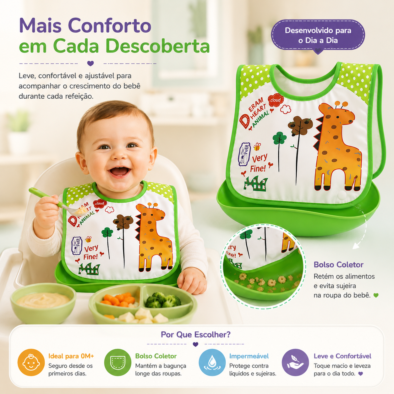 Babador ajustável com estampa de girafa, ideal para acompanhar o crescimento do bebé com conforto.