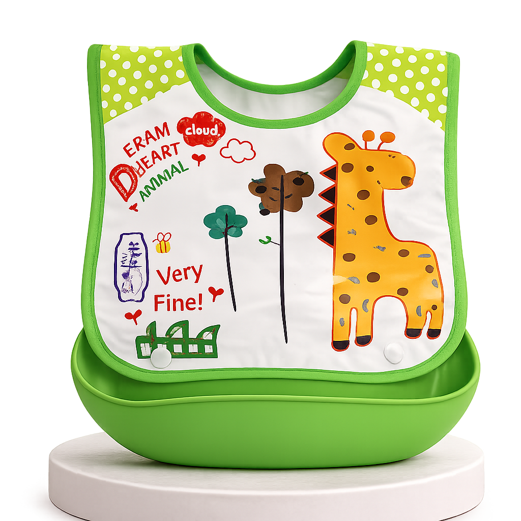 Babador impermeável para bebé com estampa de girafa e bolso coletor verde.