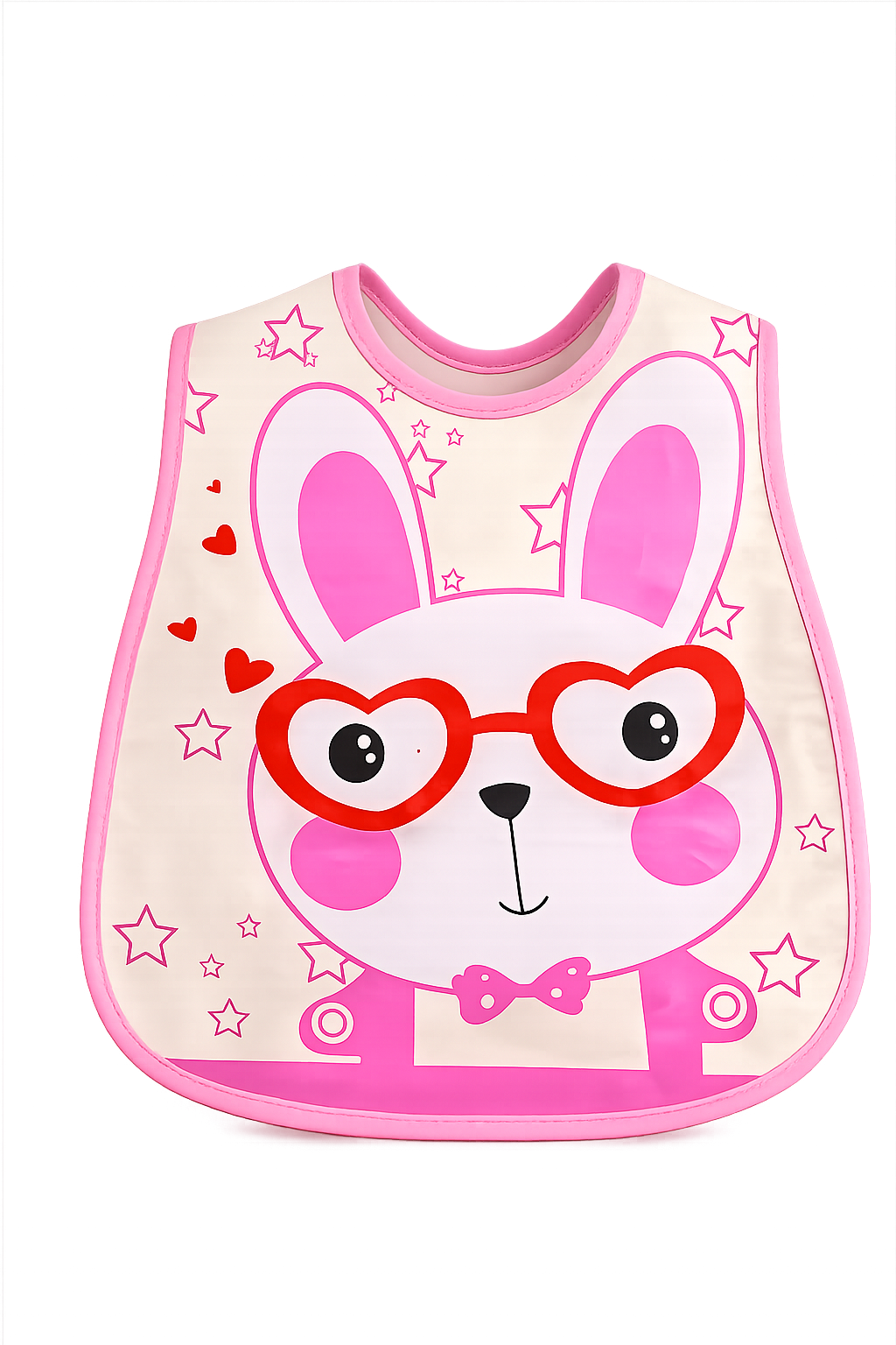Babador impermeável para bebé com estampa de coelhinho cor-de-rosa e óculos em forma de coração.
