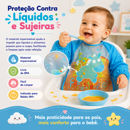 Infografia demonstrando a eficácia do material impermeável do babador contra líquidos e sujidade durante as refeições.