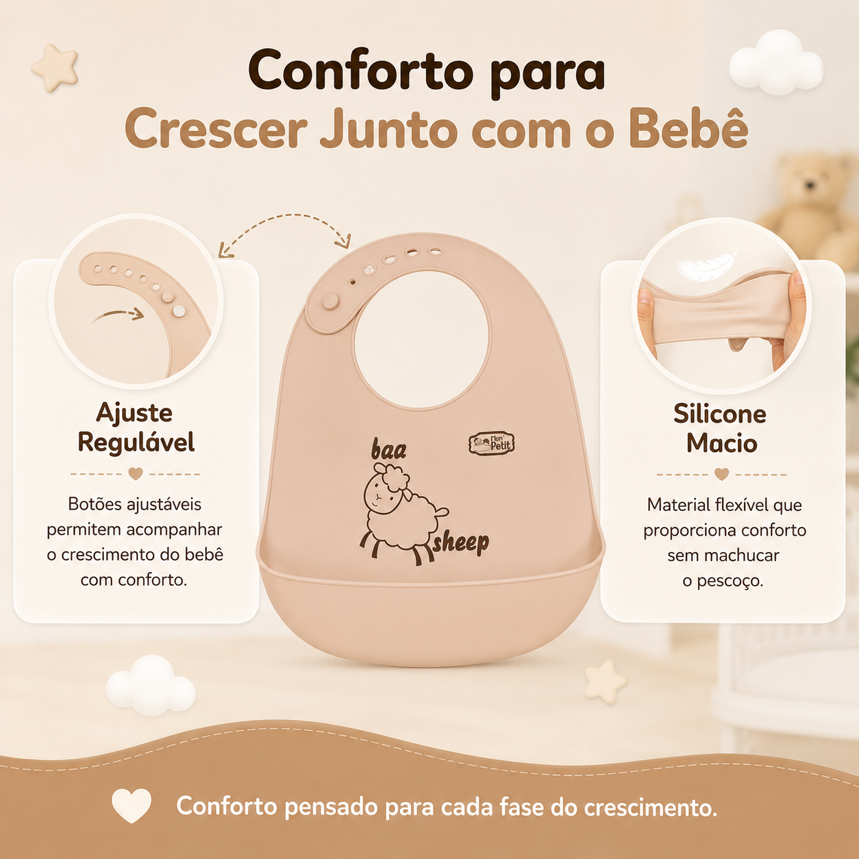 Detalhes de um babador de silicone flexível com ajuste regulável no pescoço para acompanhar o crescimento do bebé.