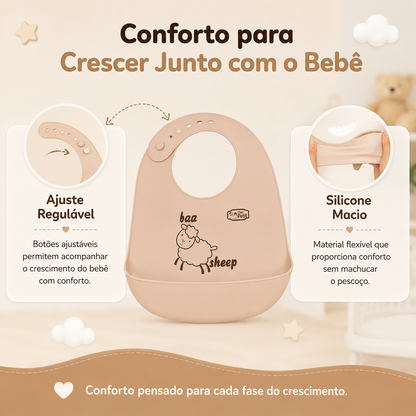 Detalhes de um babador de silicone flexível com ajuste regulável no pescoço para acompanhar o crescimento do bebé.
