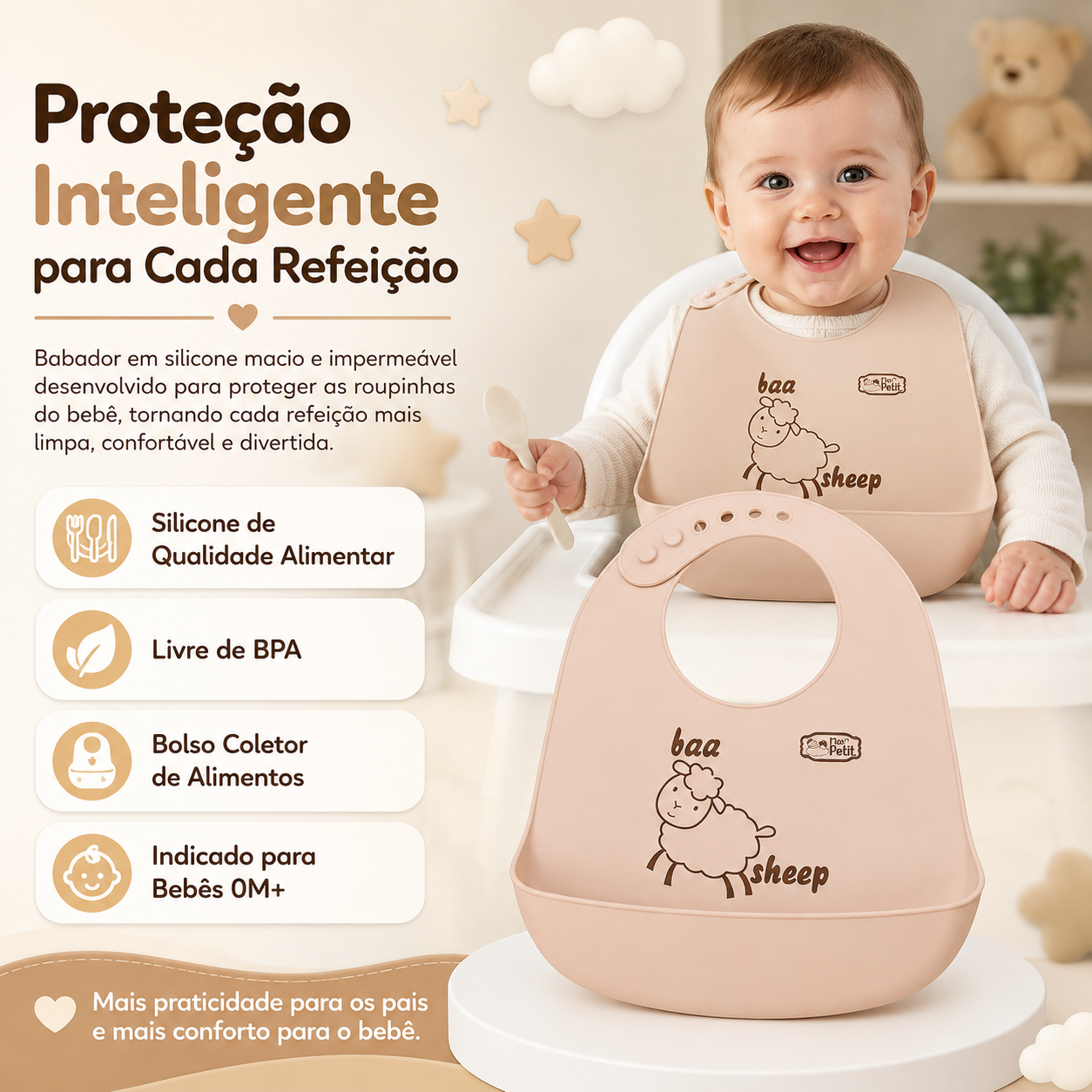 Infografia destacando os benefícios de um babador de silicone de qualidade alimentar e livre de BPA para bebé.
