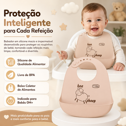 Infografia destacando os benefícios de um babador de silicone de qualidade alimentar e livre de BPA para bebé.