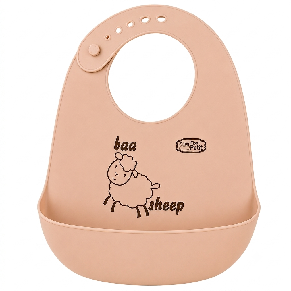 Babador de silicone na cor bege para bebé, com estampa de uma ovelha e bolso coletor integrado.