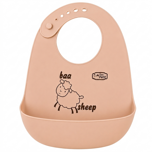Babador de silicone na cor bege para bebé, com estampa de uma ovelha e bolso coletor integrado.