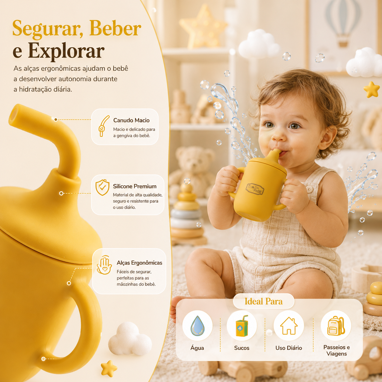 Bebé sentado no chão a beber água autonomamente pelo copo de silicone amarelo com alças, num quarto decorado com brinquedos de madeira tradicionais.
