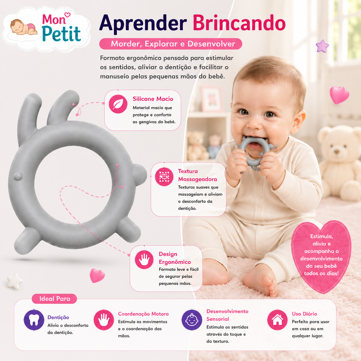 Bebé sorridente sentado a morder o anel de dentição em silicone cinzento da Mon Petit, promovendo a coordenação motora e o desenvolvimento sensorial.
