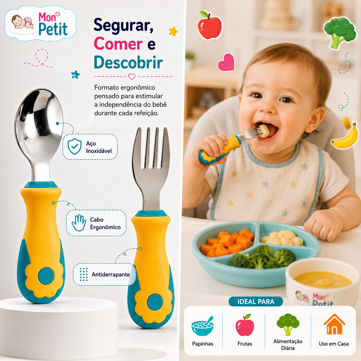 Bebé sorridente sentado na cadeira de refeição a usar o garfo ergonómico Mon Petit para comer fruta, ilustrando o desenvolvimento da autonomia e independência na alimentação diária.