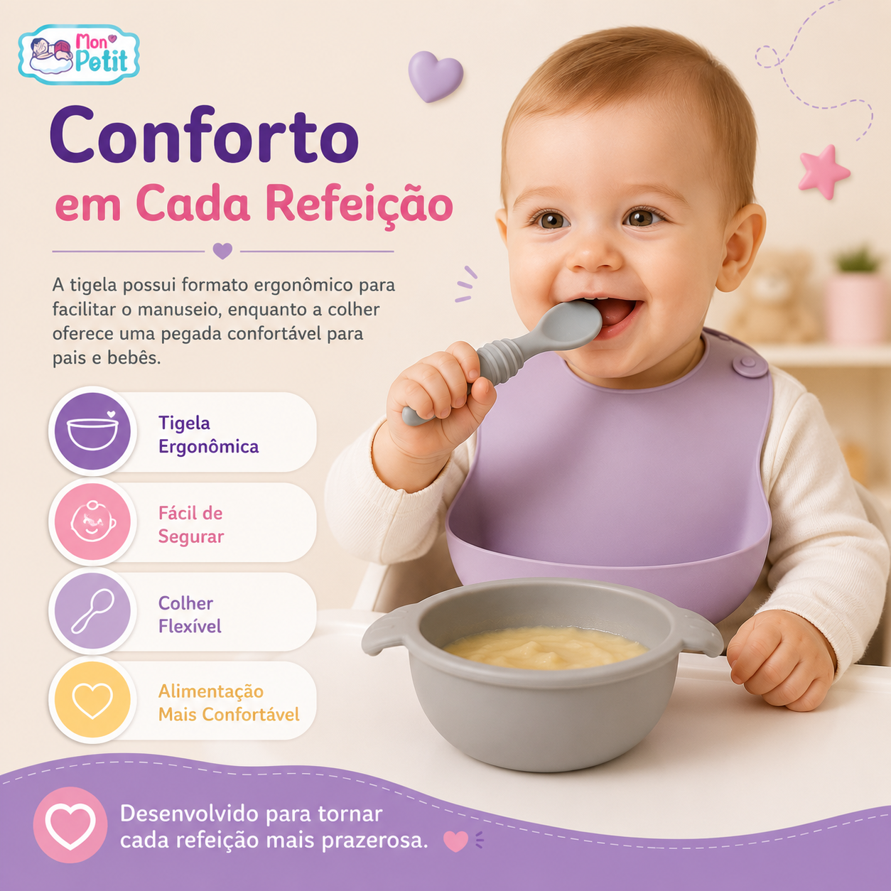 Bebé a usar uma tigela de silicone ergonómica e colher flexível durante a refeição.