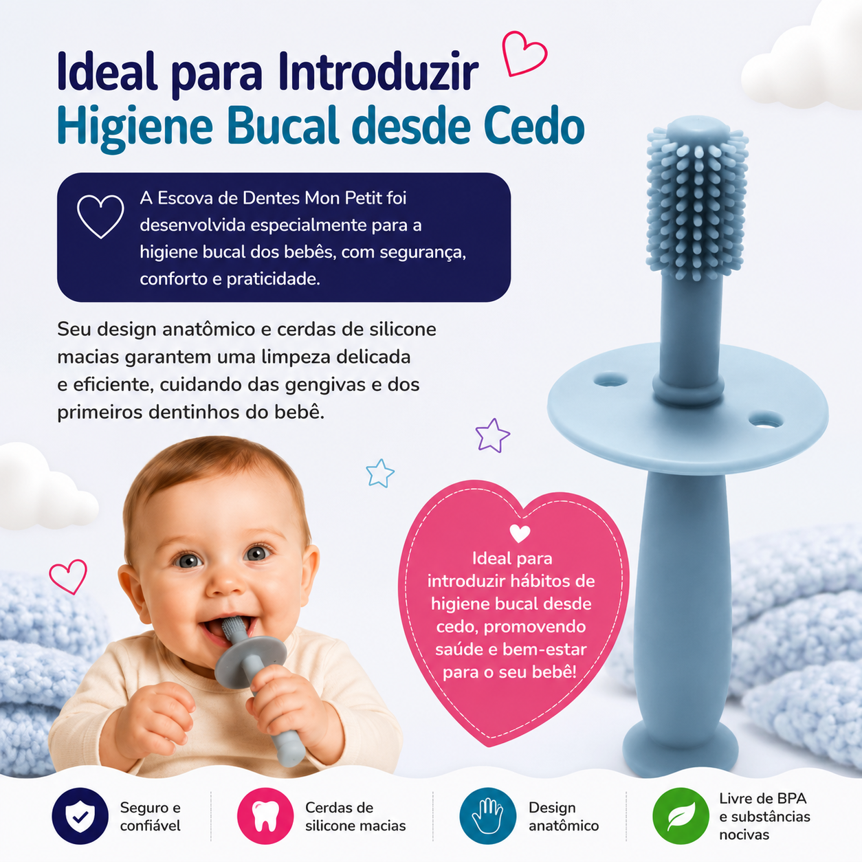 Bebé sorridente a morder uma escova de dentes de aprendizagem em silicone, demonstrando a introdução precoce da higiene oral e o alívio do nascimento dos primeiros dentes.