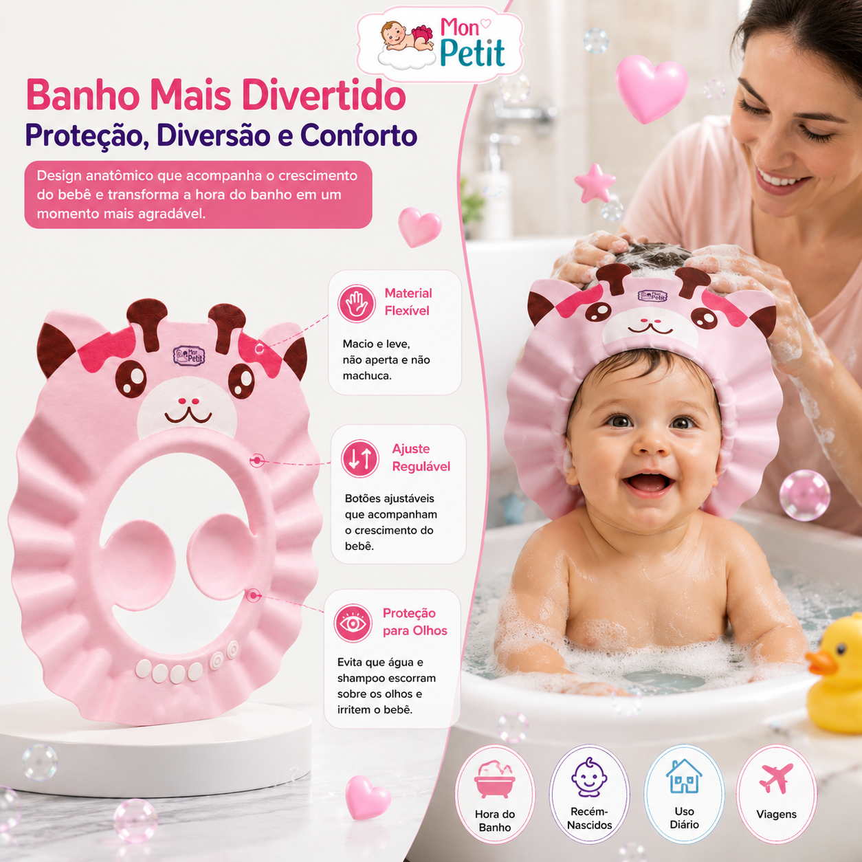 Mãe a lavar o cabelo do bebé na banheira enquanto este usa a touca protetora de girafa rosa, garantindo um banho divertido sem lágrimas provocadas pelo champô.