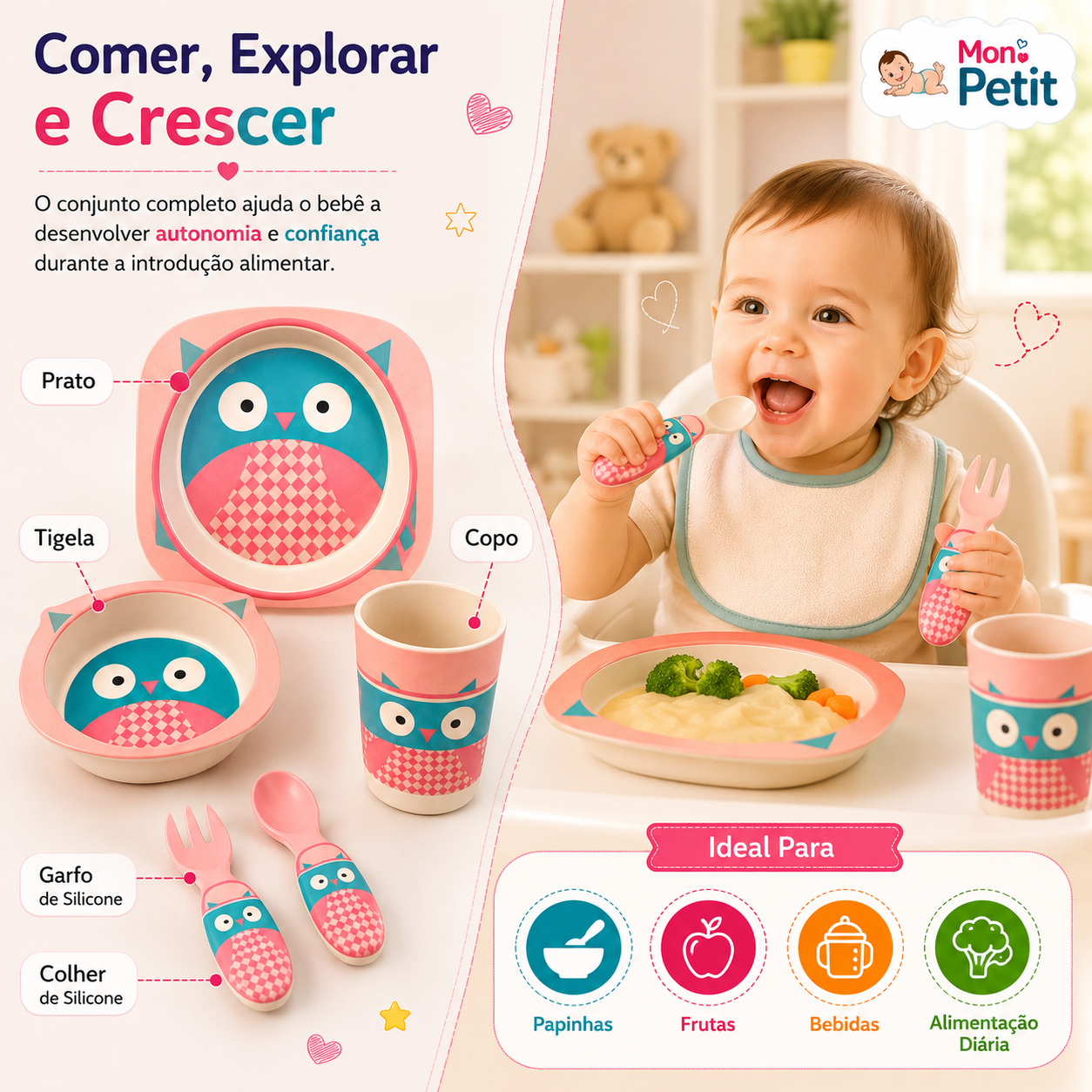 Bebé sorridente sentado na cadeira de papa a comer sozinho com os talheres de silicone do conjunto de coruja, ilustrando a fase de introdução alimentar para papas e frutas.