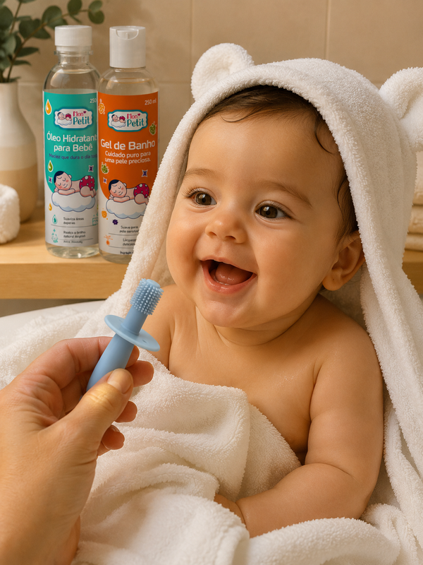 Bebé sorridente após o banho com escova de dentes de silicone Mon Petit, gel de banho e óleo hidratante para bebé ao fundo.