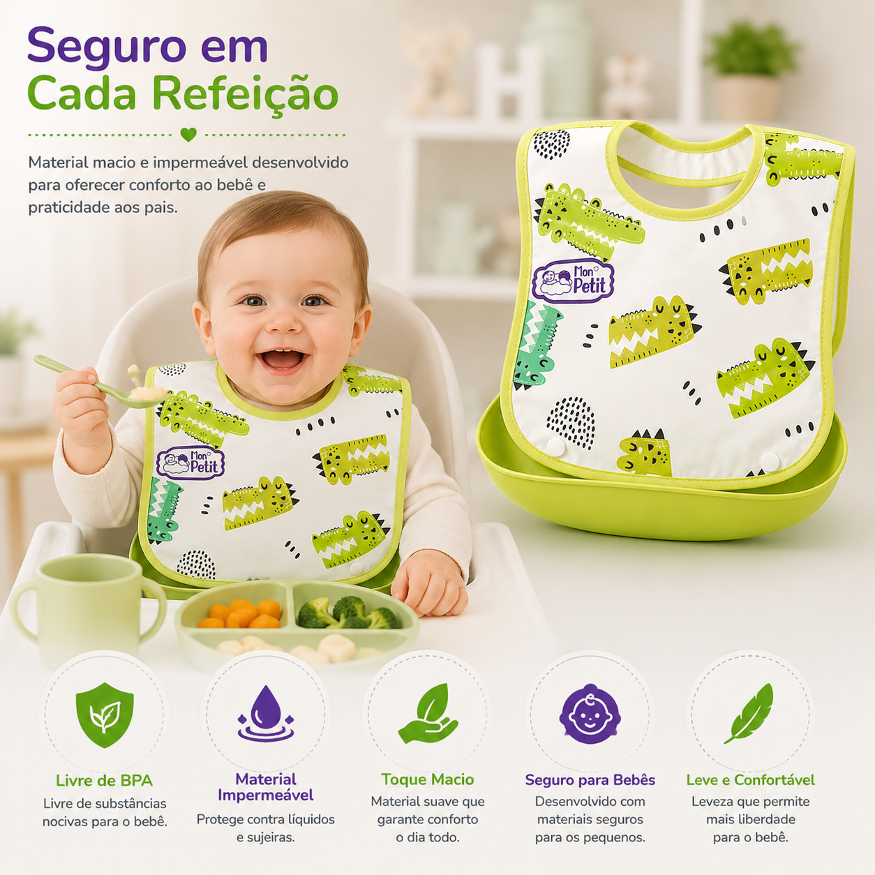 Bebé feliz a comer com um babador impermeável, destacando a segurança e o conforto durante a refeição.