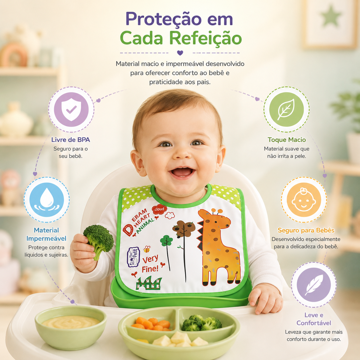 Bebé feliz a comer com um babador impermeável, destacando a segurança e conforto na hora da refeição.