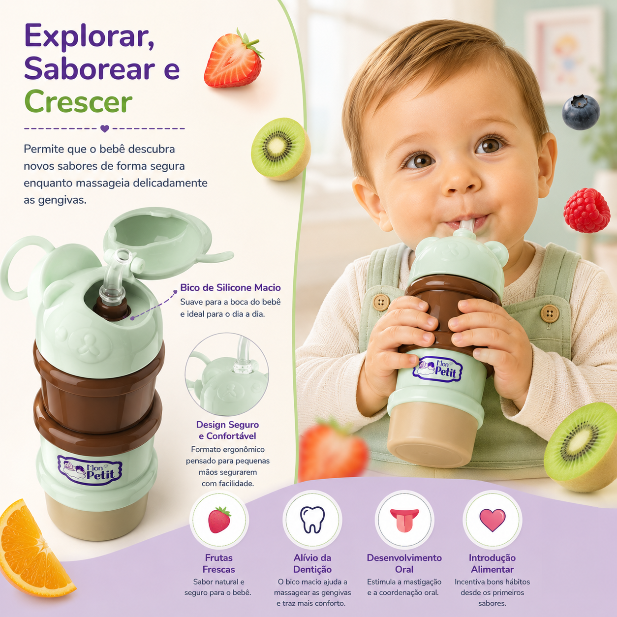 Bebé a beber por um copo de transição de silicone com design de urso.
