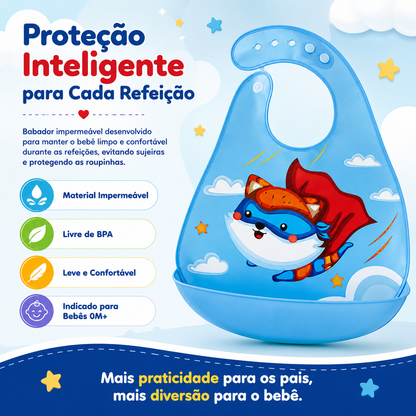 Infografia com os atributos de um babador impermeável, destacando a segurança alimentar e a proteção para bebés.