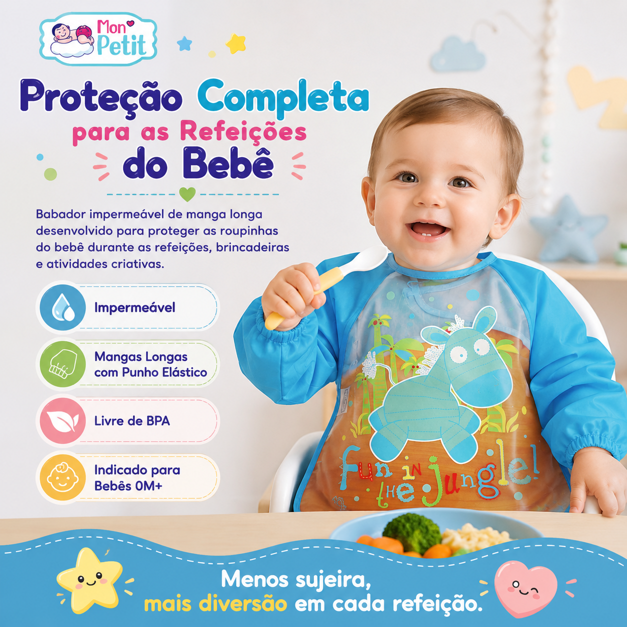 Infografia apresentando os benefícios do babador de manga longa impermeável, livre de BPA, ideal para bebés.