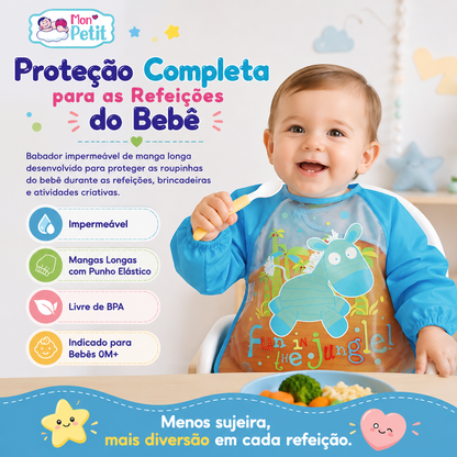 Infografia apresentando os benefícios do babador de manga longa impermeável, livre de BPA, ideal para bebés.