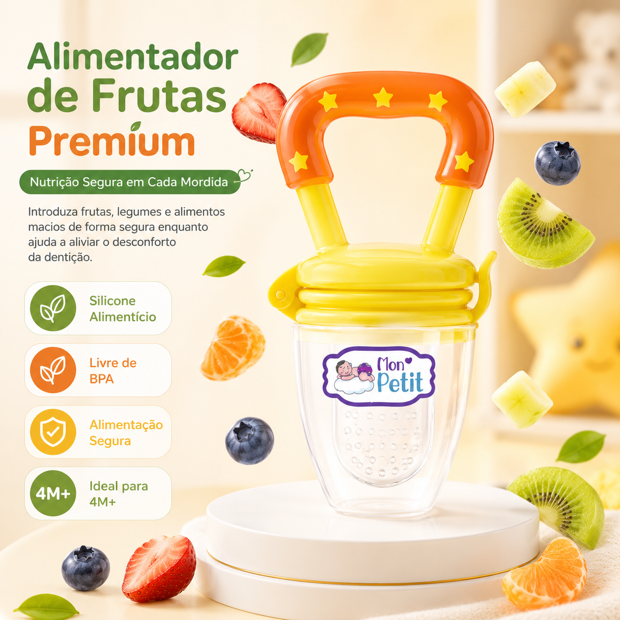 Infografia destacando os benefícios do alimentador premium, incluindo silicone alimentar e material livre de BPA para bebés a partir dos 4 meses.