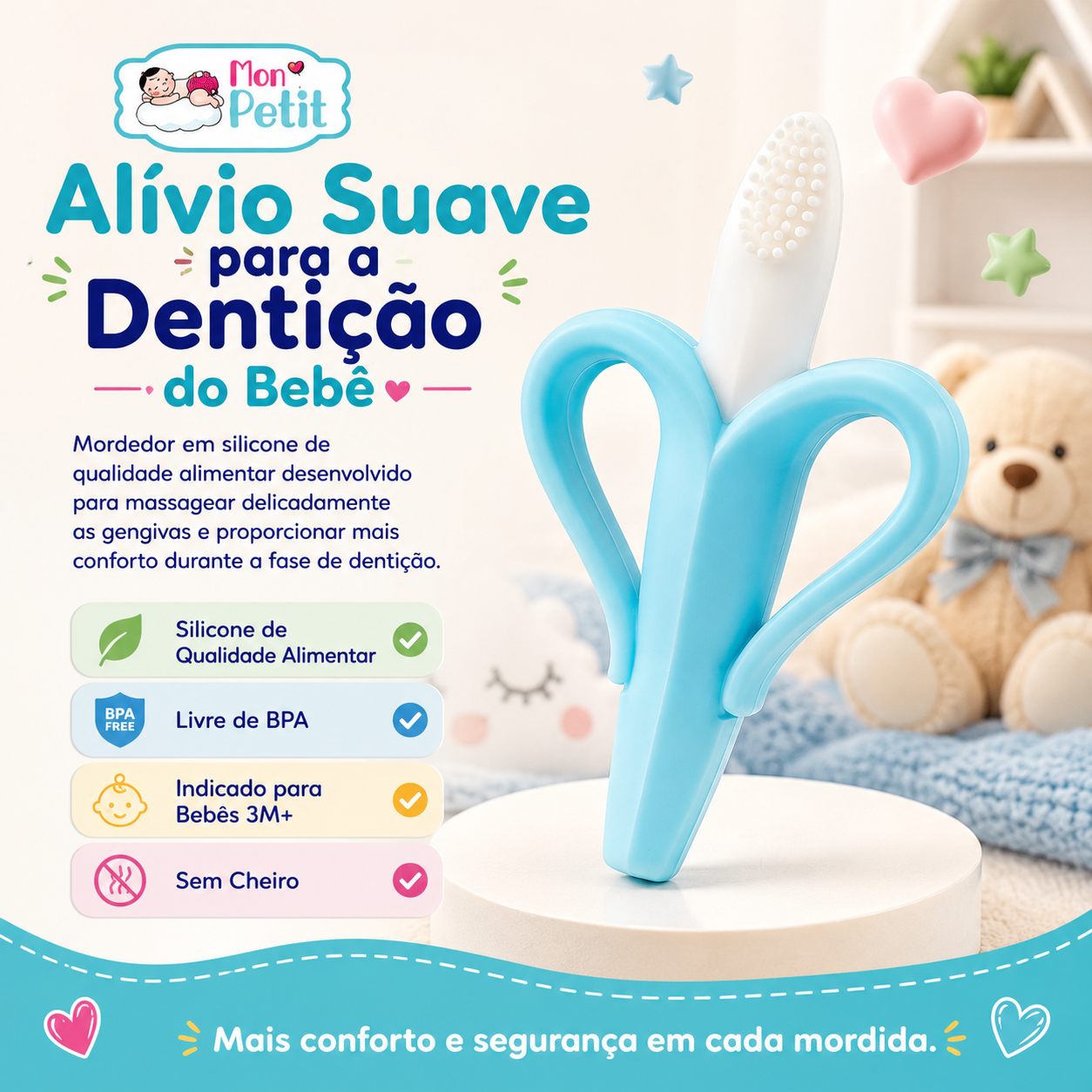 Infografia com os benefícios do mordedor de bebé Mon Petit para o alívio suave da dentição.