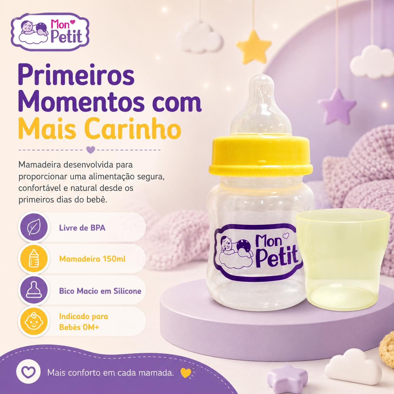 Infografia do biberão de 150ml indicado para bebés 0M+, destacando o bico macio em silicone e composição livre de BPA.