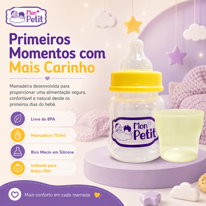 Infografia do biberão de 150ml indicado para bebés 0M+, destacando o bico macio em silicone e composição livre de BPA.