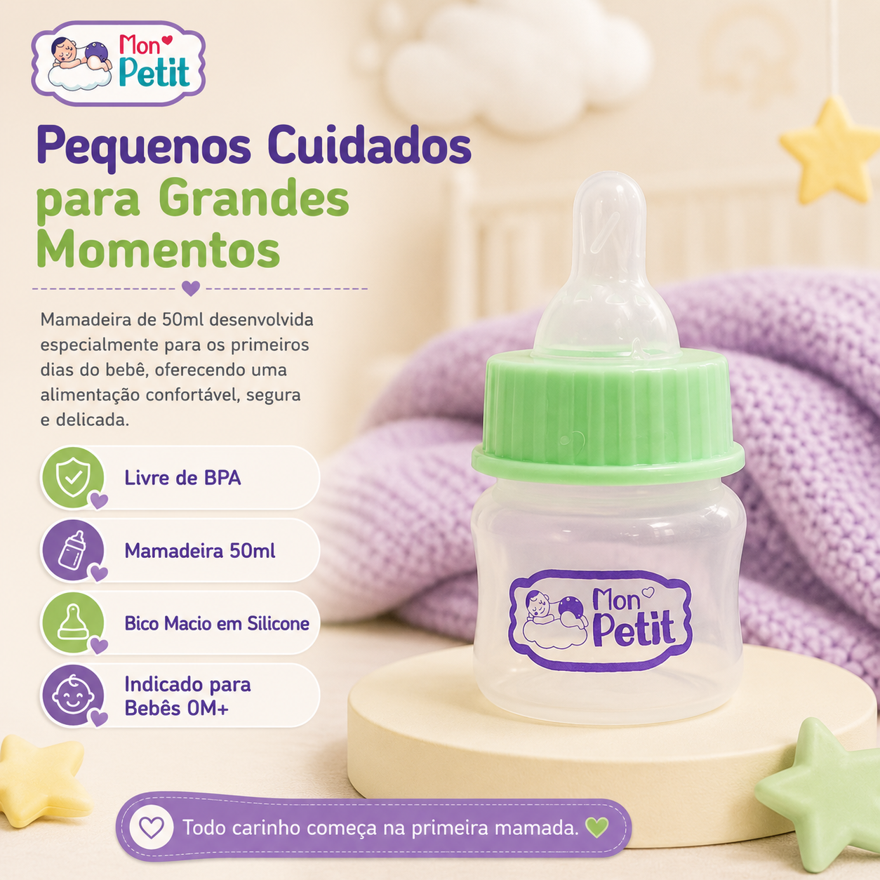 nfografia do mini biberão de 50ml Mon Petit ideal para recém-nascidos 0M+, com rosca verde, bico de silicone e indicação de composição livre de BPA.