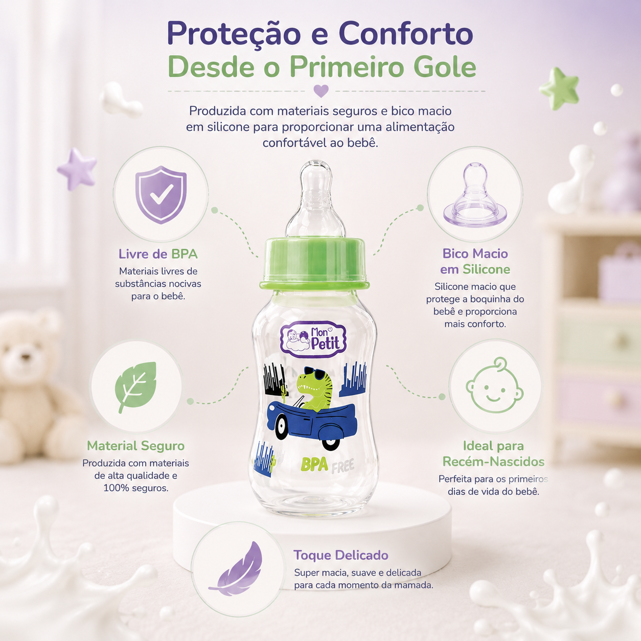 Diagrama explicativo do biberão infantil destacando o bico macio em silicone, toque delicado e material 100% seguro para recém-nascidos.