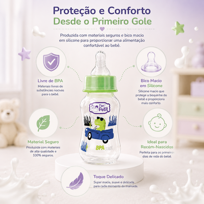 Diagrama explicativo do biberão infantil destacando o bico macio em silicone, toque delicado e material 100% seguro para recém-nascidos.