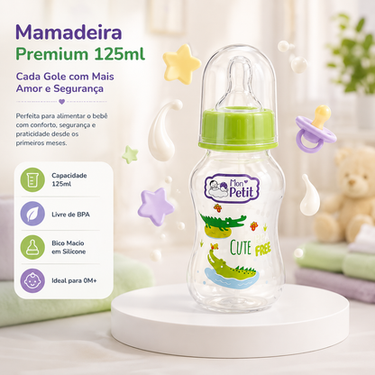 Infografia informativa do biberão de 125ml realçando o bico macio em silicone livre de BPA, ideal para recém-nascidos.