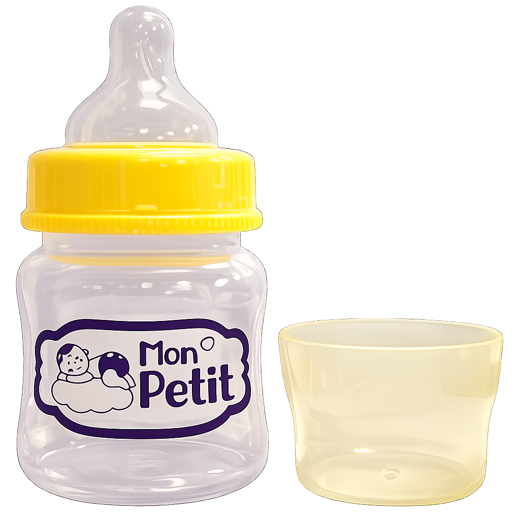 Biberão compacto para bebé da marca Mon Petit com rosca amarela, bico de silicone e copo doseador transparente ao lado.