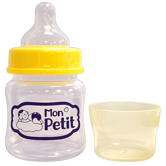 Biberão compacto para bebé da marca Mon Petit com rosca amarela, bico de silicone e copo doseador transparente ao lado.