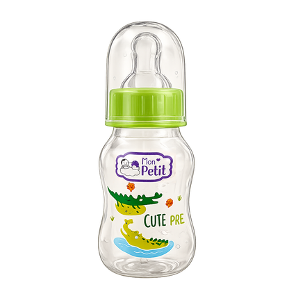 Biberão premium para bebé de 125ml com tampa transparente, gargalo verde alface e ilustrações infantis de crocodilos.