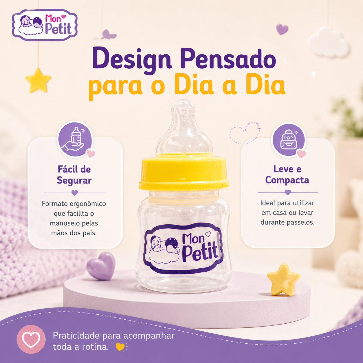 Apresentação do design ergonómico do biberão, leve e compacto para facilitar o manuseio diário pelos pais.