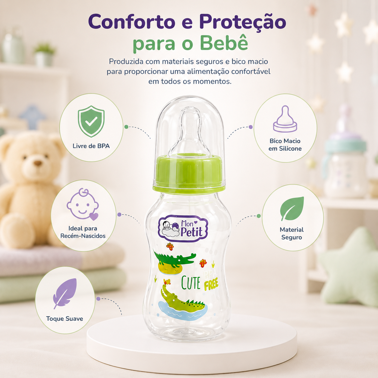 Diagrama de benefícios do biberão ergonómico com destaque para o material seguro, bico macio e toque suave para o bebé.