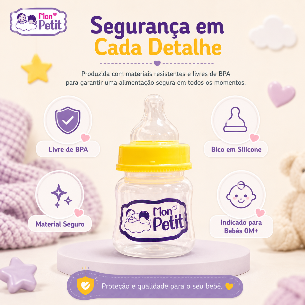Gráfico de segurança do biberão infantil realçando a qualidade dos materiais resistentes e proteção em cada mamada.