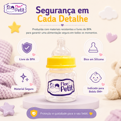 Gráfico de segurança do biberão infantil realçando a qualidade dos materiais resistentes e proteção em cada mamada.
