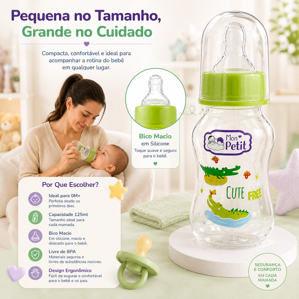 Cartaz publicitário exibindo as vantagens do biberão compacto de 125ml para transporte em passeios e rotinas diárias.