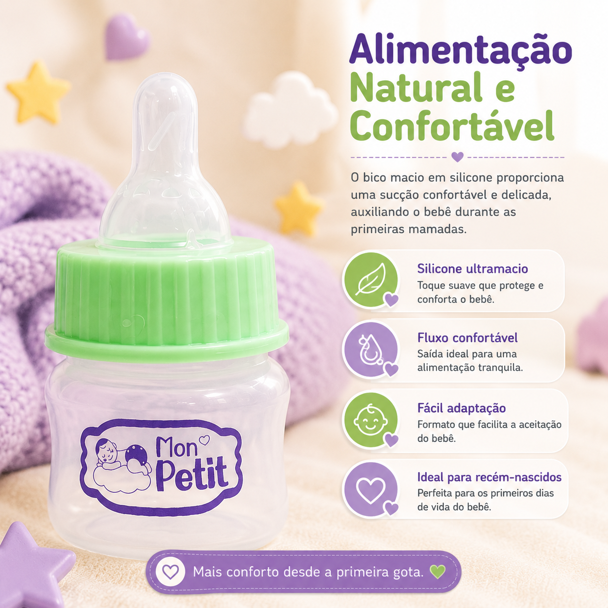 Grande plano de um biberão pequeno com bico de silicone ultramacio, promovendo uma alimentação natural e adaptação fácil para bebés nos primeiros dias de vida.