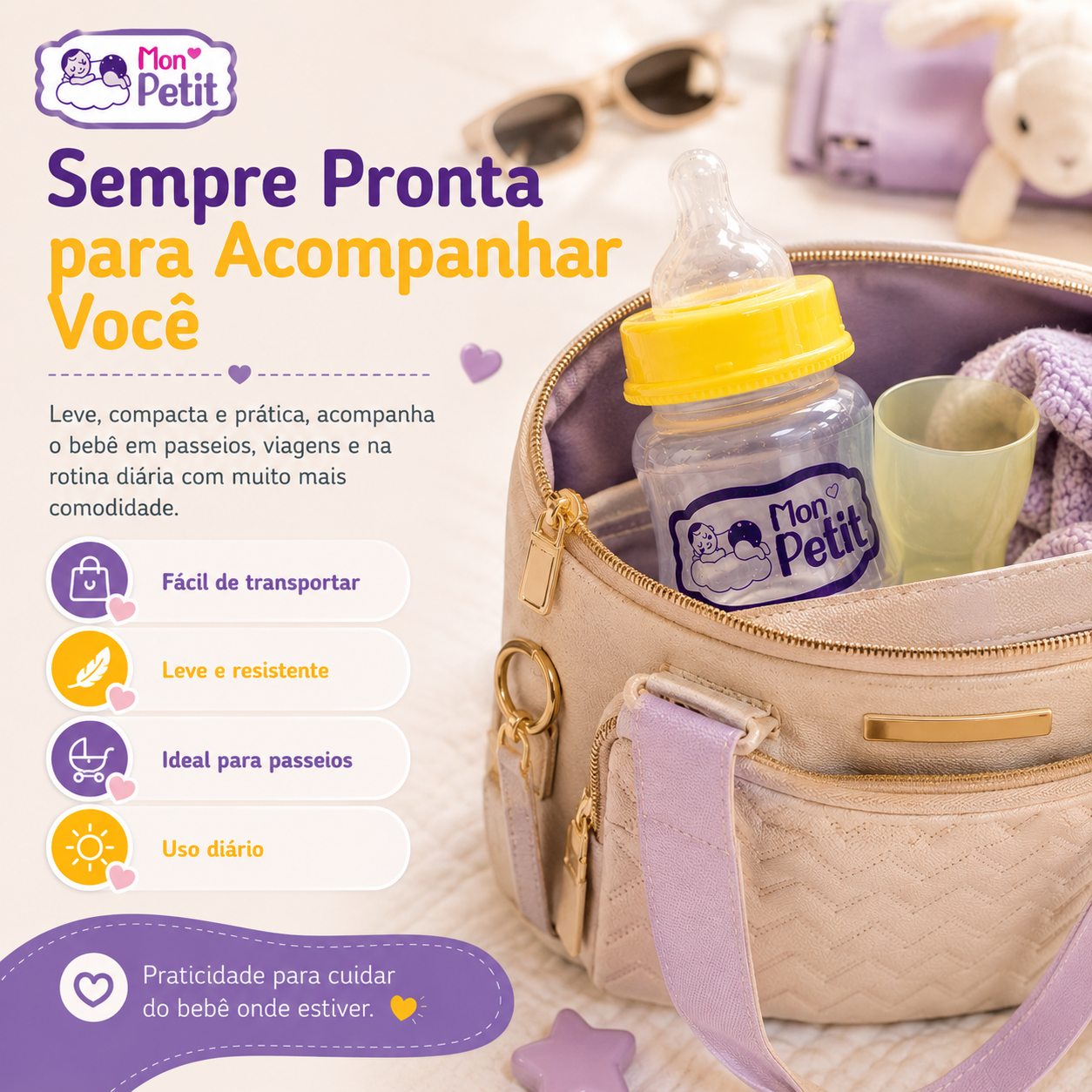 Biberão de 150ml e copo arrumados dentro de uma mala de maternidade bege, ideal para transportar em viagens e passeios.