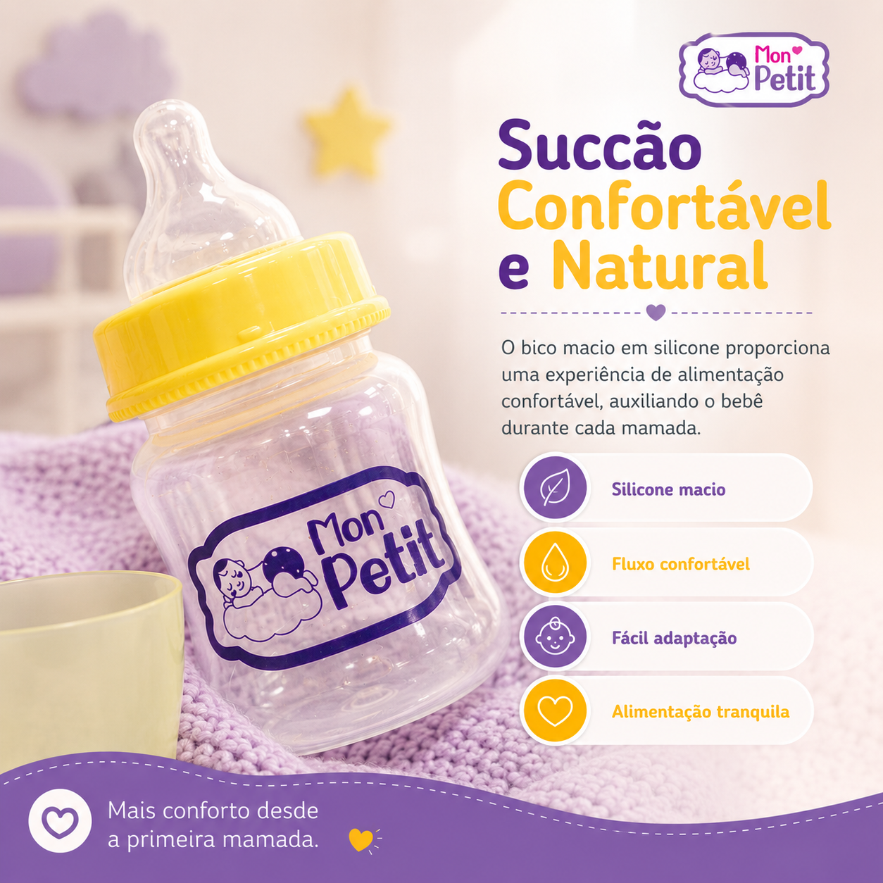 Biberão Mon Petit inclinado sobre uma manta lilás, promovendo uma sucção confortável e fluxo de leite natural para o bebé.