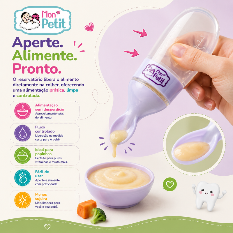 Painel promocional demonstrando uma mão a apertar o reservatório flexível da colher dosadora para alimentar o bebé, destacando características de fluxo controlado e alimentação sem desperdício.
