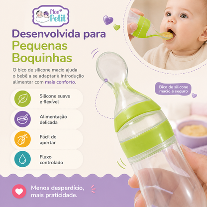 Painel descritivo demonstrando o uso prático da colher doseadora na alimentação de um bebé, destacando características como silicone suave, fluxo controlado e fácil de apertar.