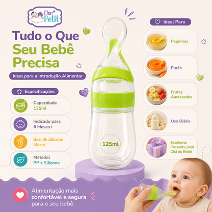 Painel completo com as especificações da colher doseadora Mon Petit de 125ml, mostrando a compatibilidade ideal para papinhas, purés e frutas amassadas.