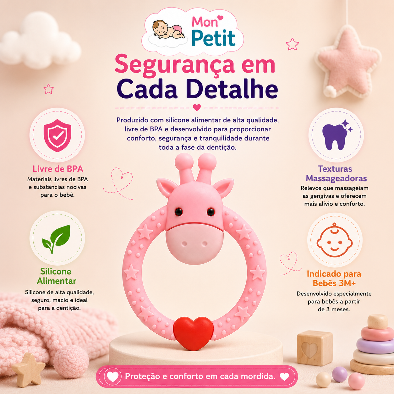 Diagrama focado na segurança do mordedor infantil Mon Petit, garantindo a utilização de silicone alimentar de alta qualidade e totalmente seguro para morder.