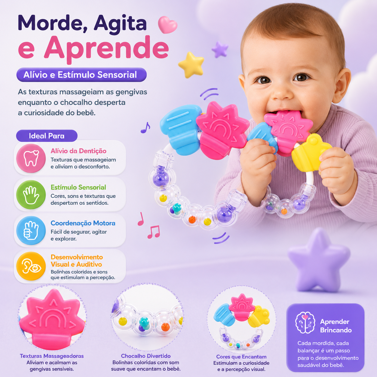Infográfico mostrando um bebé a morder o chocalho circular Mon Petit, destacando os benefícios para o alívio das gengivas na fase de dentição, estímulo sensorial, coordenação motora e desenvolvimento auditivo.