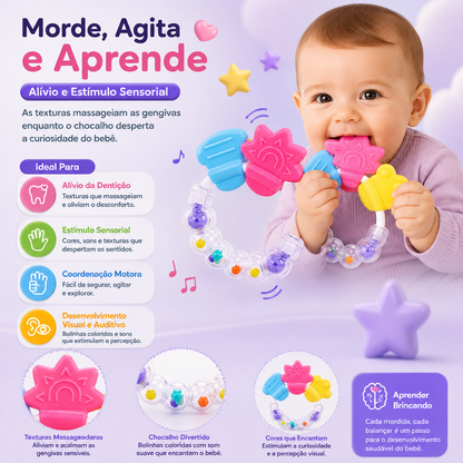 Infográfico mostrando um bebé a morder o chocalho circular Mon Petit, destacando os benefícios para o alívio das gengivas na fase de dentição, estímulo sensorial, coordenação motora e desenvolvimento auditivo.