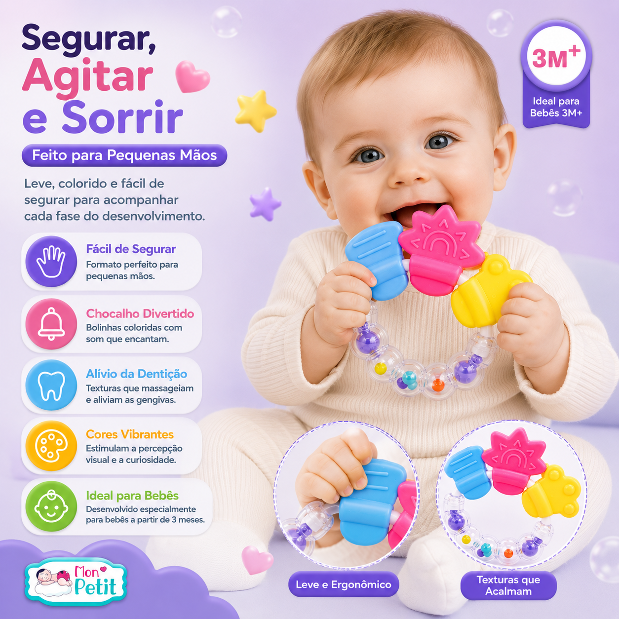 Infográfico publicitário com a imagem de um recém-nascido a segurar o anel mordedor Mon Petit, com círculos em grande plano que destacam o design leve, ergonómico e as texturas que acalmam as gengivas.
